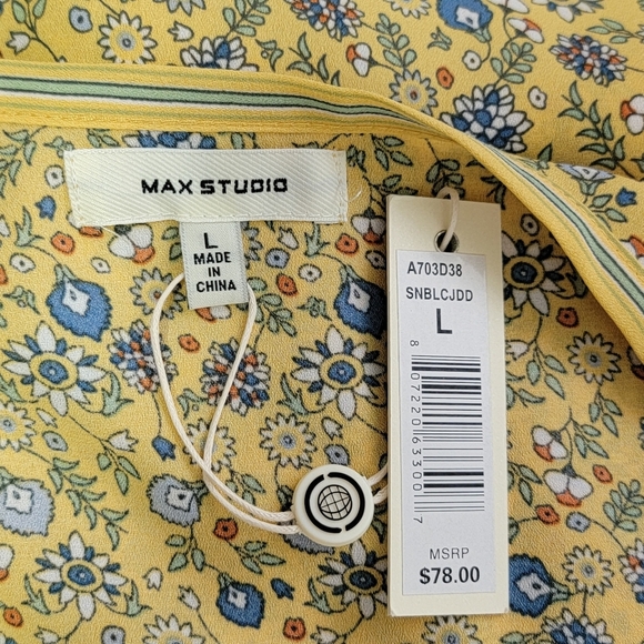 Max Studio Boho Yellow Floral Tie Front Button Down Ruffle Sleeve Blouse L NEW - Picture 10 of 14
